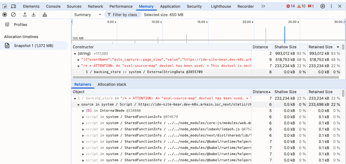 Heap Snapshot Comparison — _saveFailedLogsToStorage와 wrap(e, t)가 400MB씩 차지